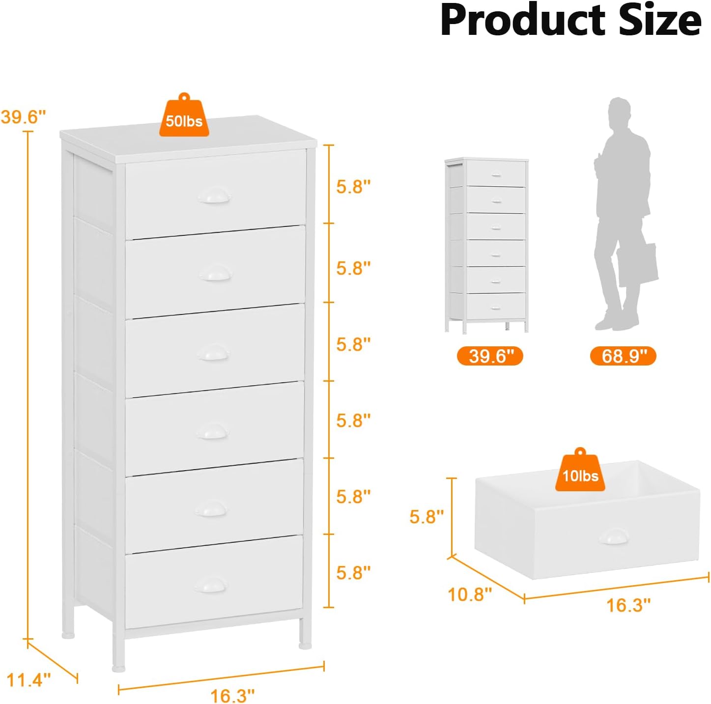 6 Drawer White Tall Fabric Dresser