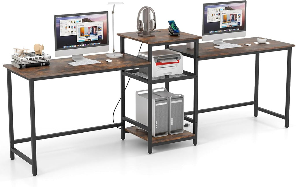 97" Double Desk with Power Outlet & Printer Stand