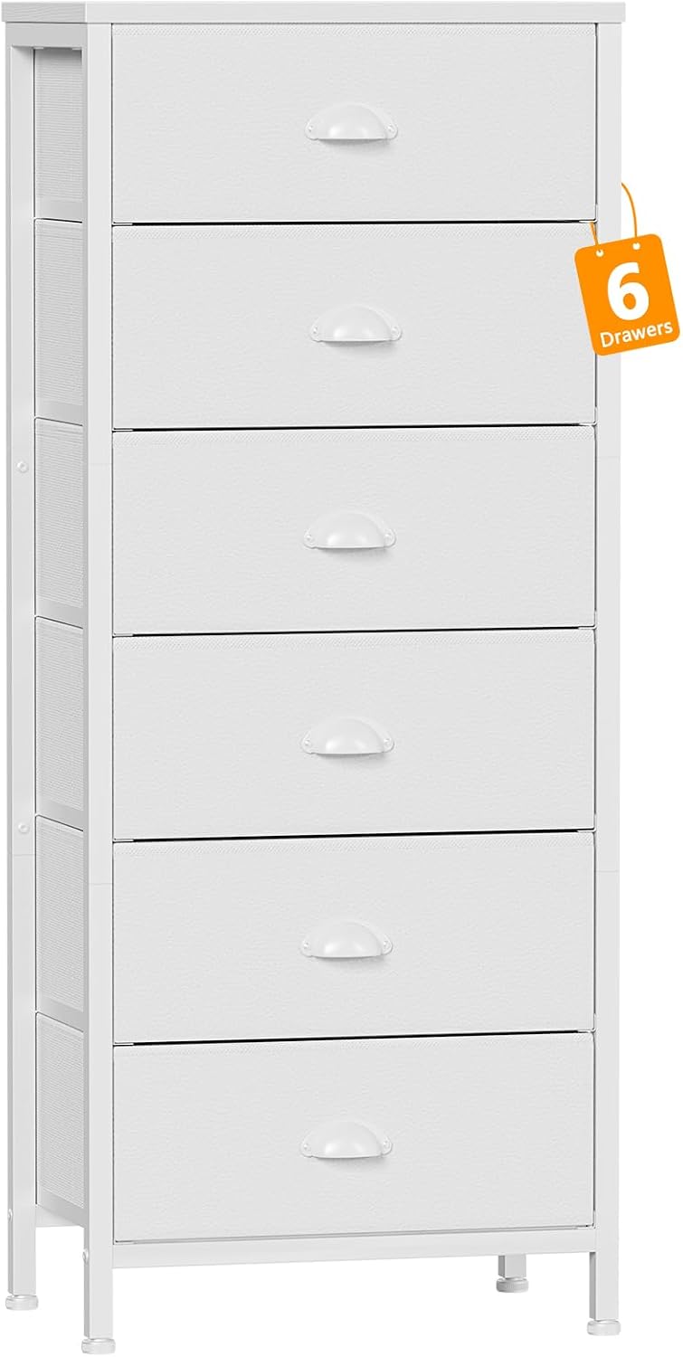 6 Drawer White Tall Fabric Dresser