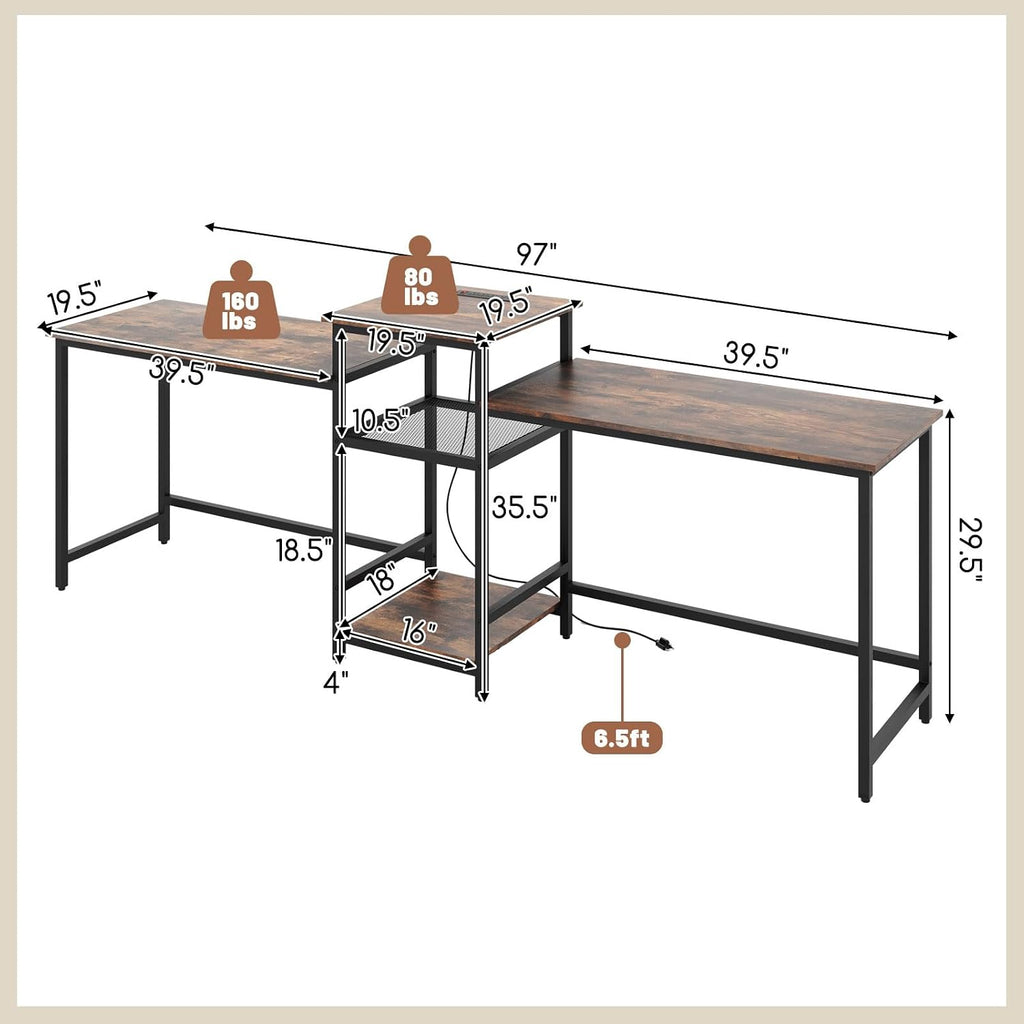 97" Double Desk with Power Outlet & Printer Stand