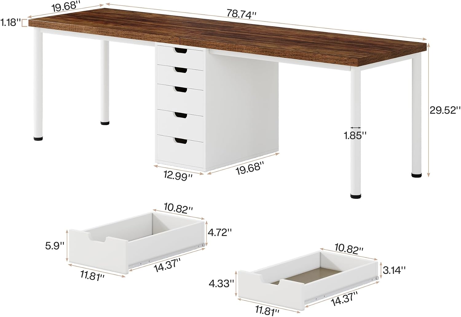 78.7" Double Desk with 5 Drawers