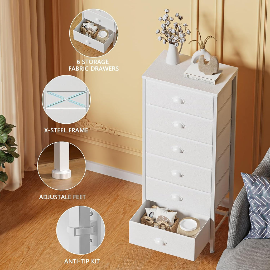 6 Drawer White Tall Fabric Dresser