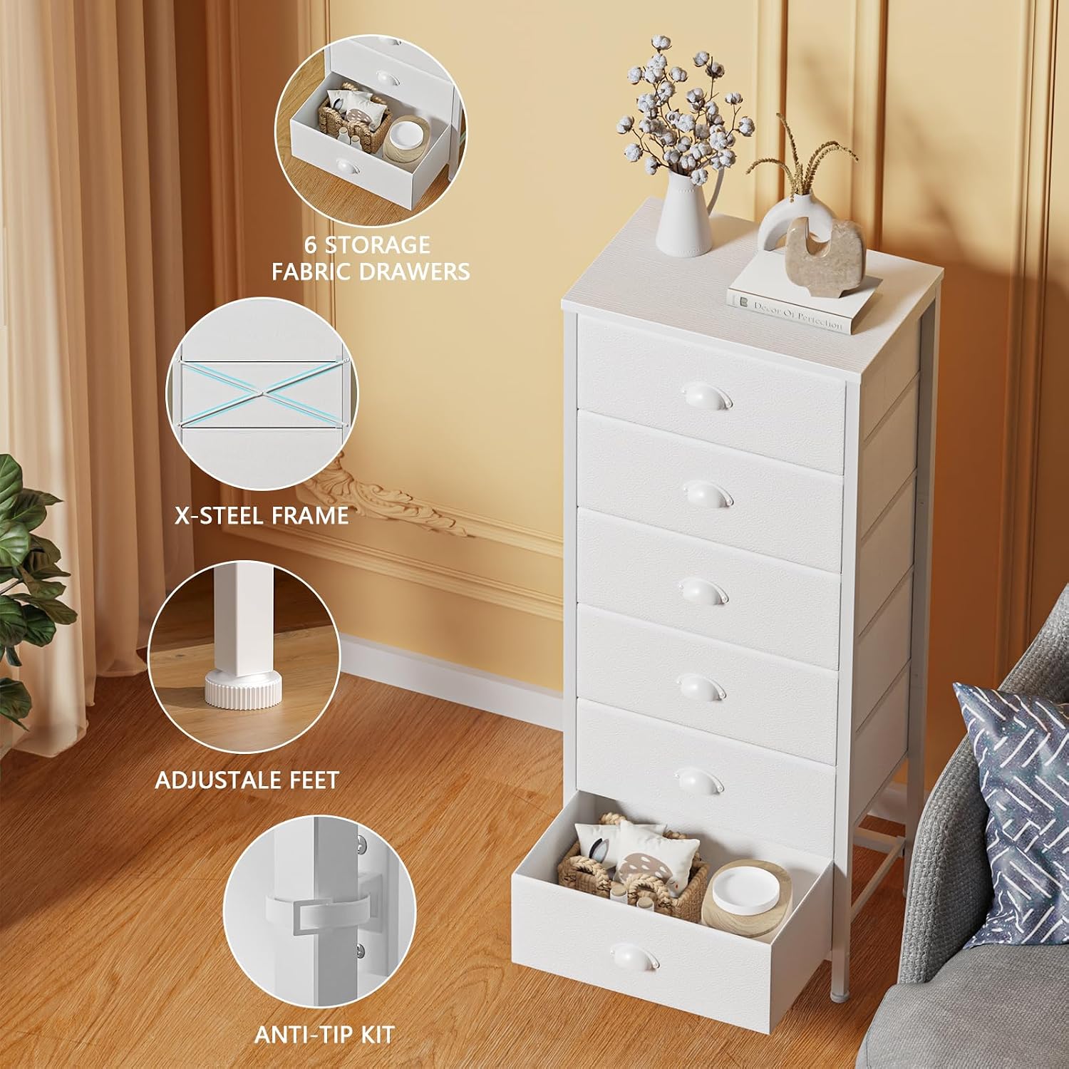 6 Drawer White Tall Fabric Dresser