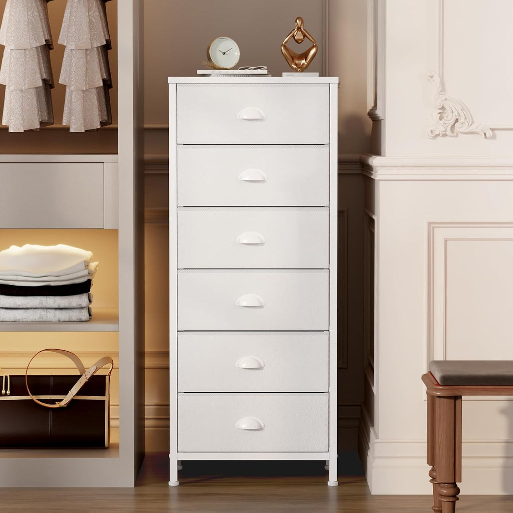 6 Drawer White Tall Fabric Dresser