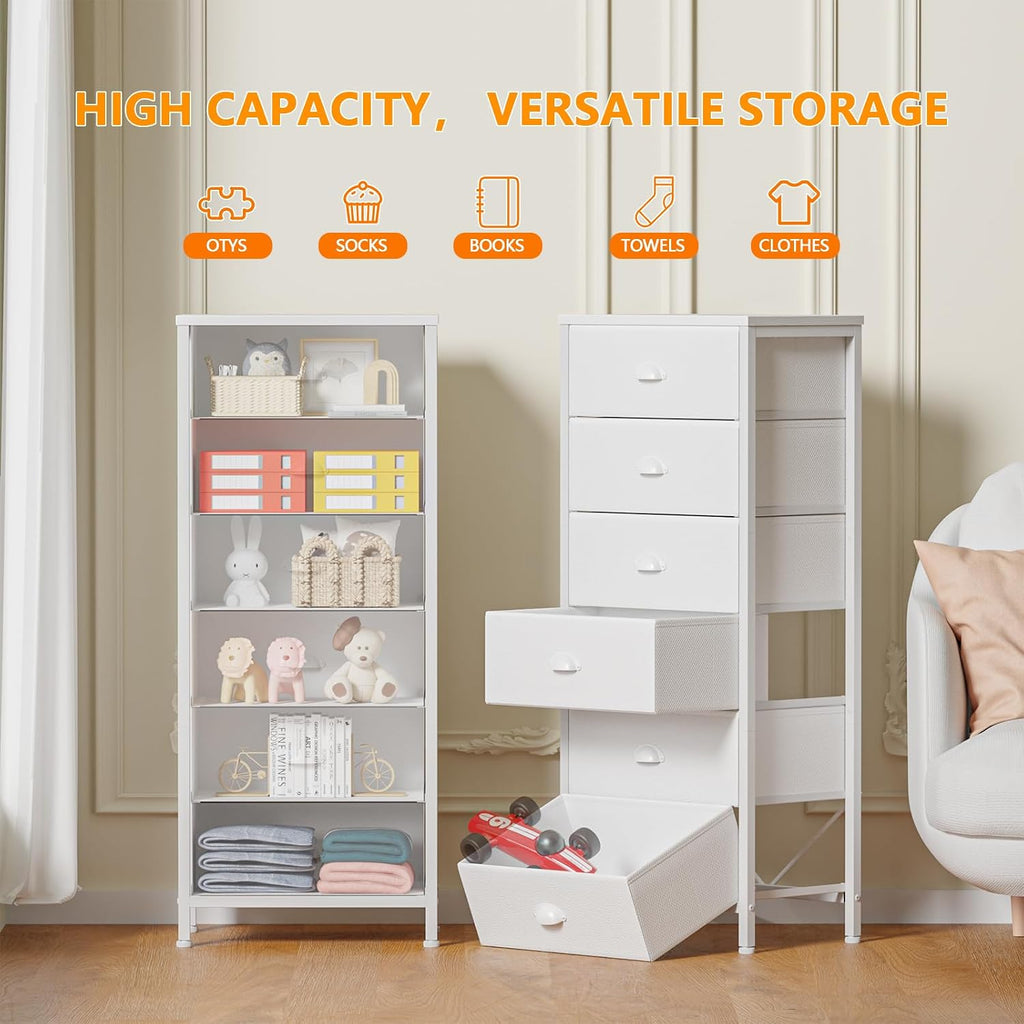 6 Drawer White Tall Fabric Dresser