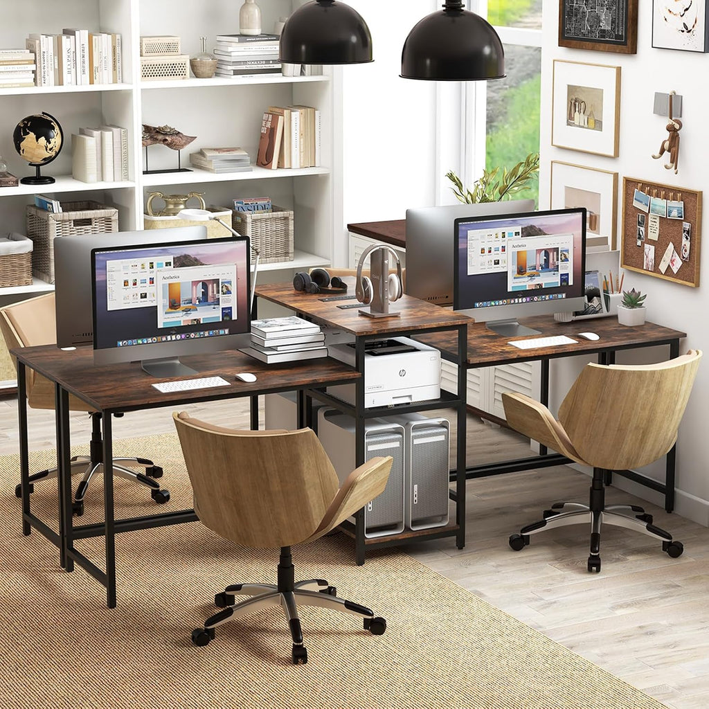 97" Double Desk with Power Outlet & Printer Stand