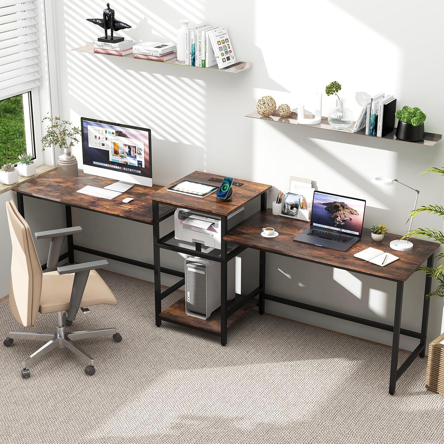 97" Double Desk with Power Outlet & Printer Stand
