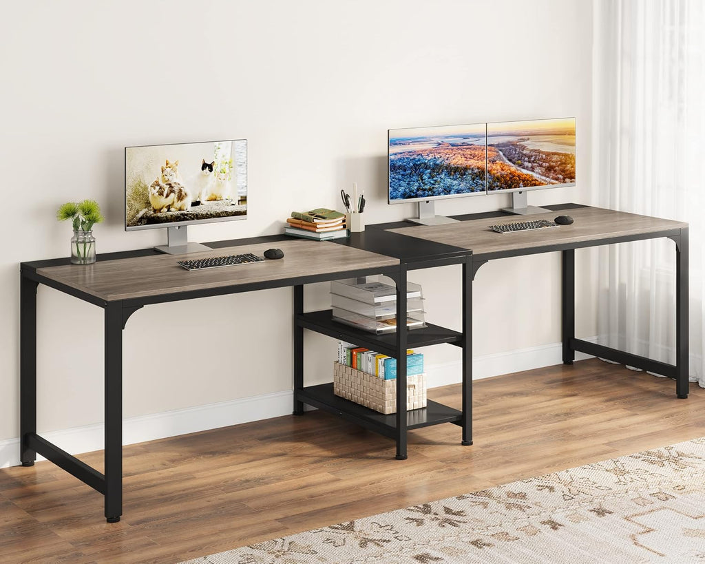 90.55" Double Desk with Storage Shelves
