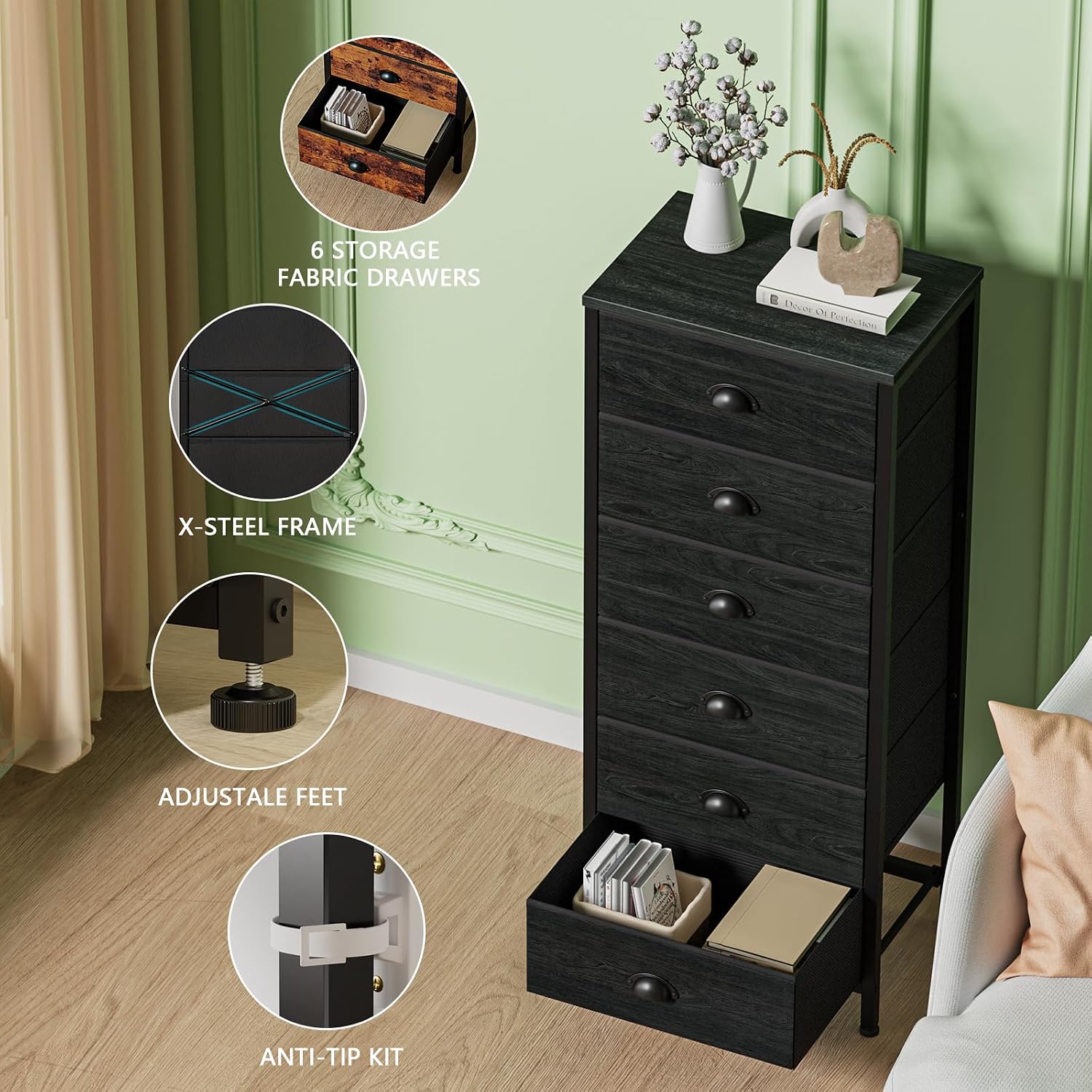 6 Drawer Tall Fabric Dresser