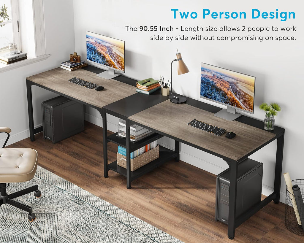 90.55" Double Desk with Storage Shelves