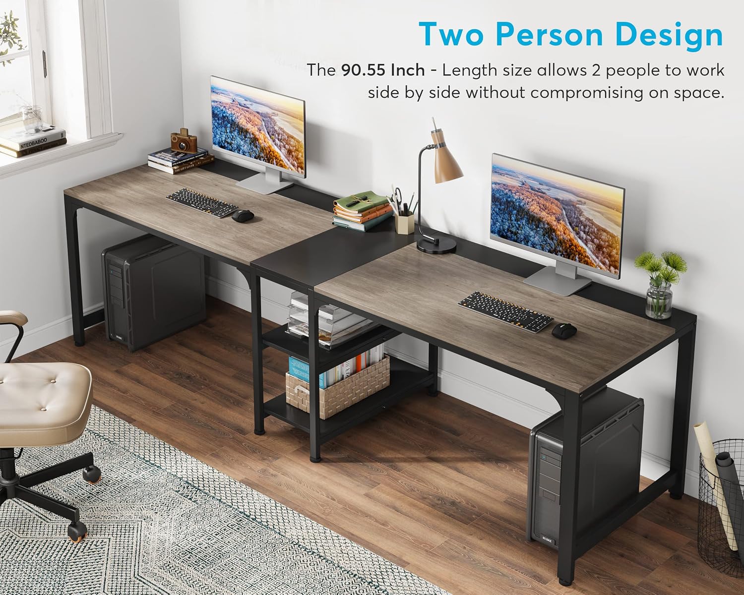 90.55" Double Desk with Storage Shelves